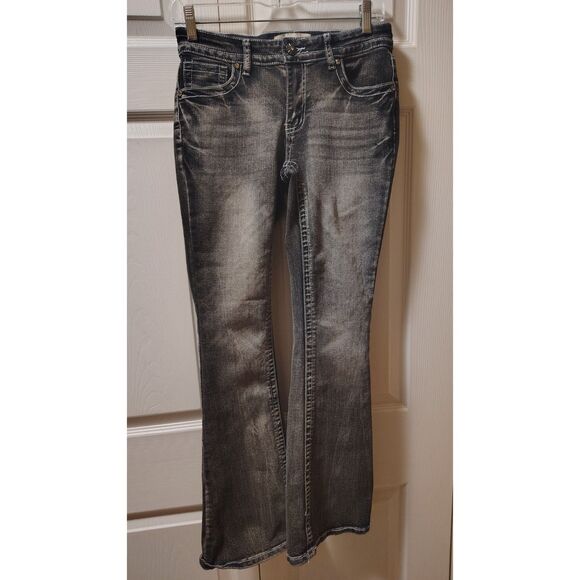 Denim - Love SOHO Acid-Wash Black Low-Rise Faux Diamond Studded Flare Jeans Small